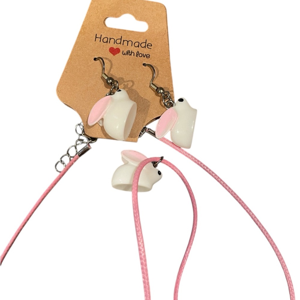 Handmade Bunny‎ Earrings and Necklace Set - Pink and White